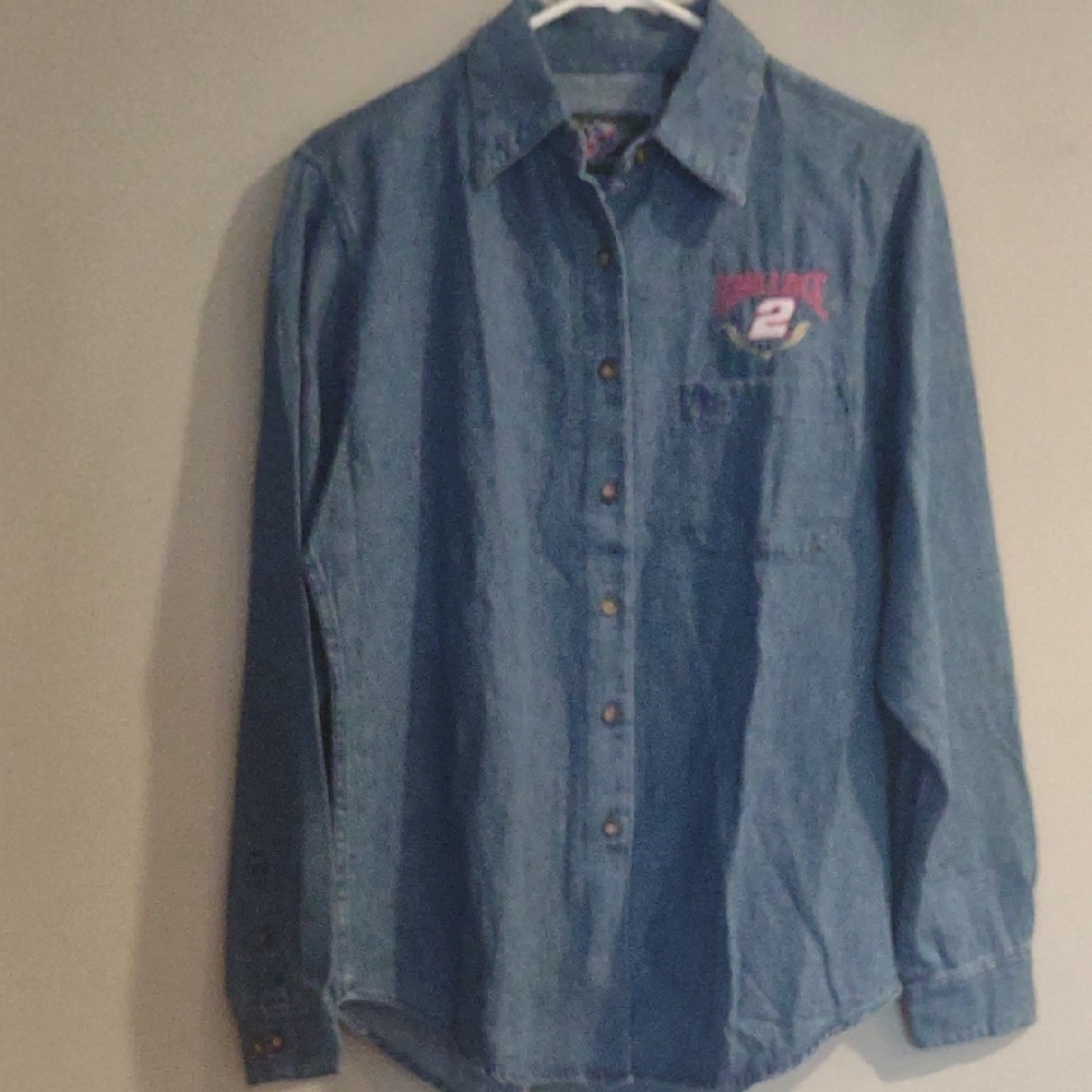 NWOT Chase Authentics Women's Small Blue Denim Rusty Wallace Embroidery Top